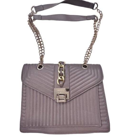 BADGLEY MISCHKA Quilted Crossbody Shoulder Gold Chain Taupe Bag Designer GLAM - Picture 1 of 16